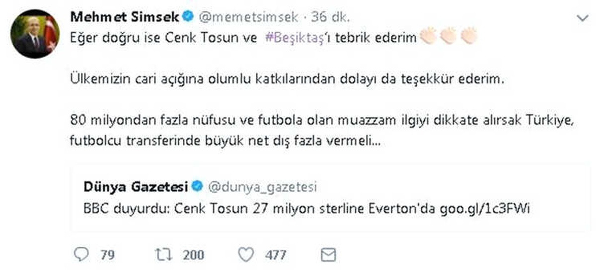Şimşek\'ten Beşiktaş ve Cenk Tosun\'a Teşekkür Mesajı