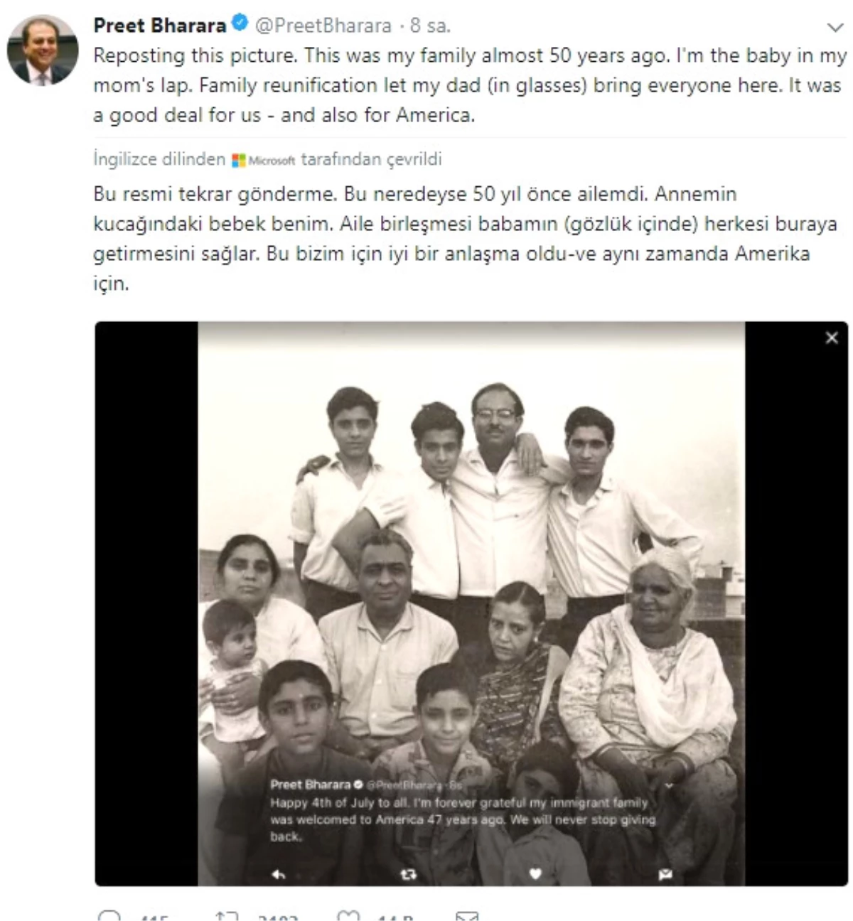 Preet Bharara, Göçmen Ailesinin 50 Yıl Önceki Fotoğrafını Paylaştı