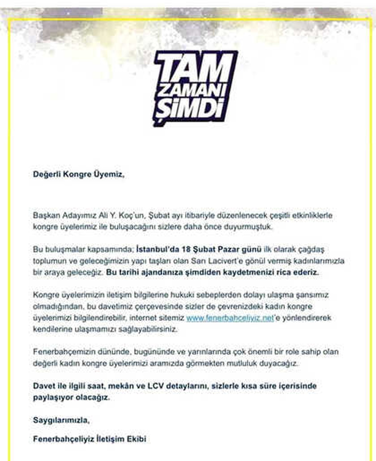 Ali Koç\'tan Kadın Kongre Üyelerine Çağrı