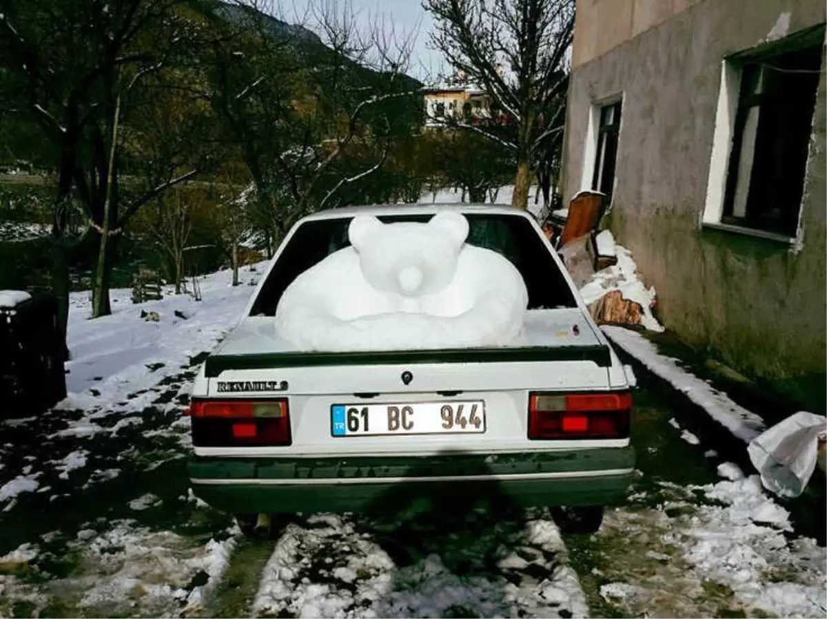 Yerde Kar Olmayınca Arabasının Üzerindeki Kardan Heykel Yaptı