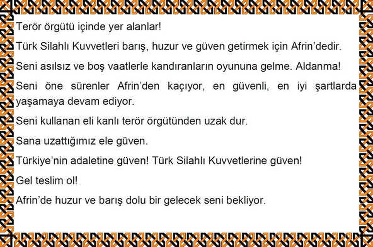 TSK\'dan Afrin\'deki Teröristlere Arapça ve Kürtçe Bildiri