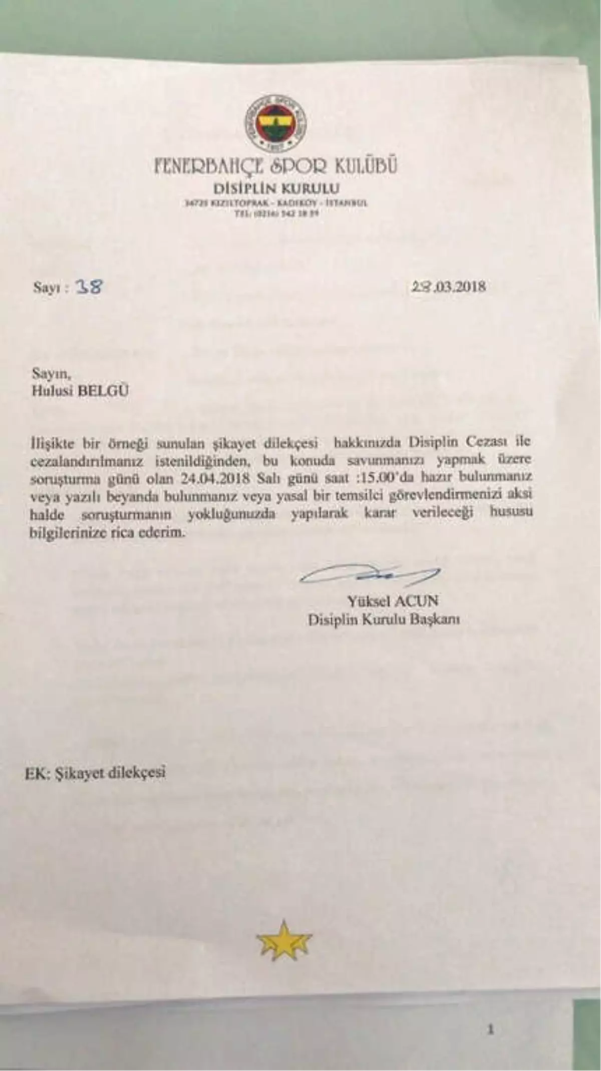 Hulusi Belgü, Disiplin Kuruluna Sevk Edildi