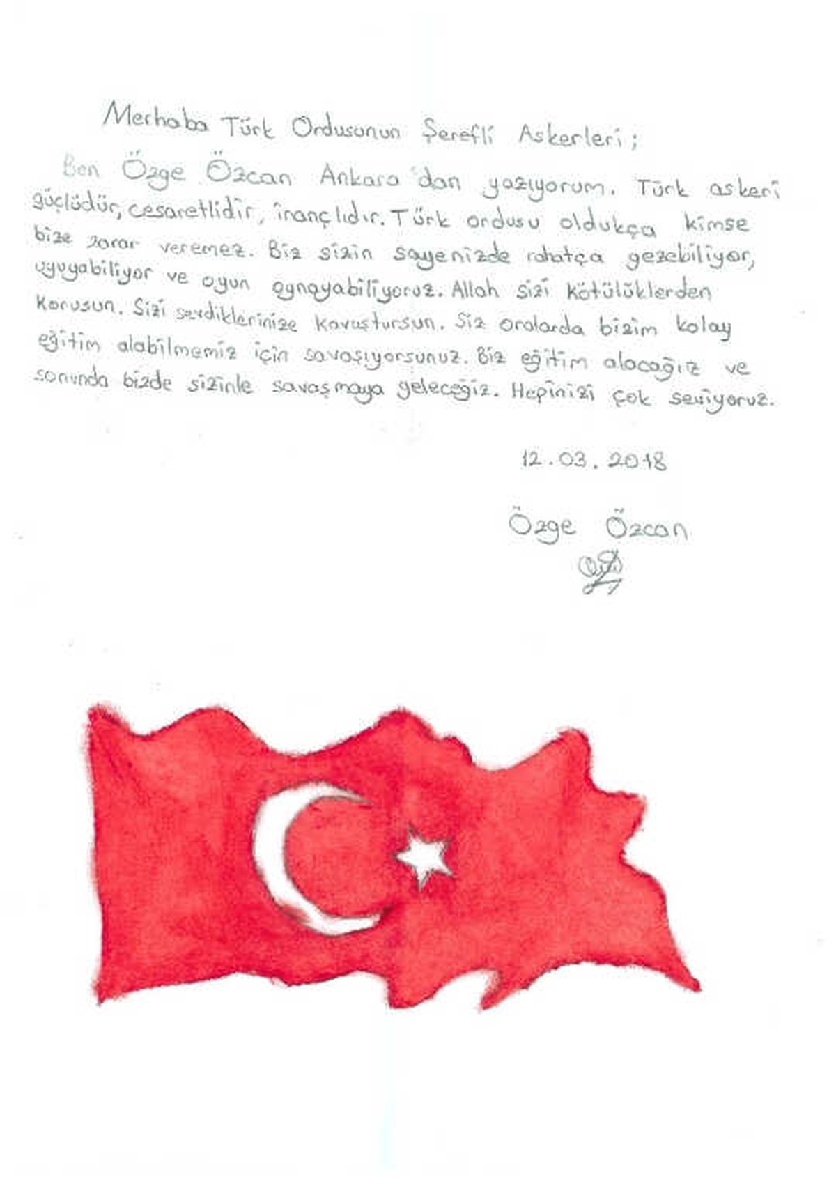 Miniklerden Mehmetçiğe Teşekkür ve Destek Mektubu