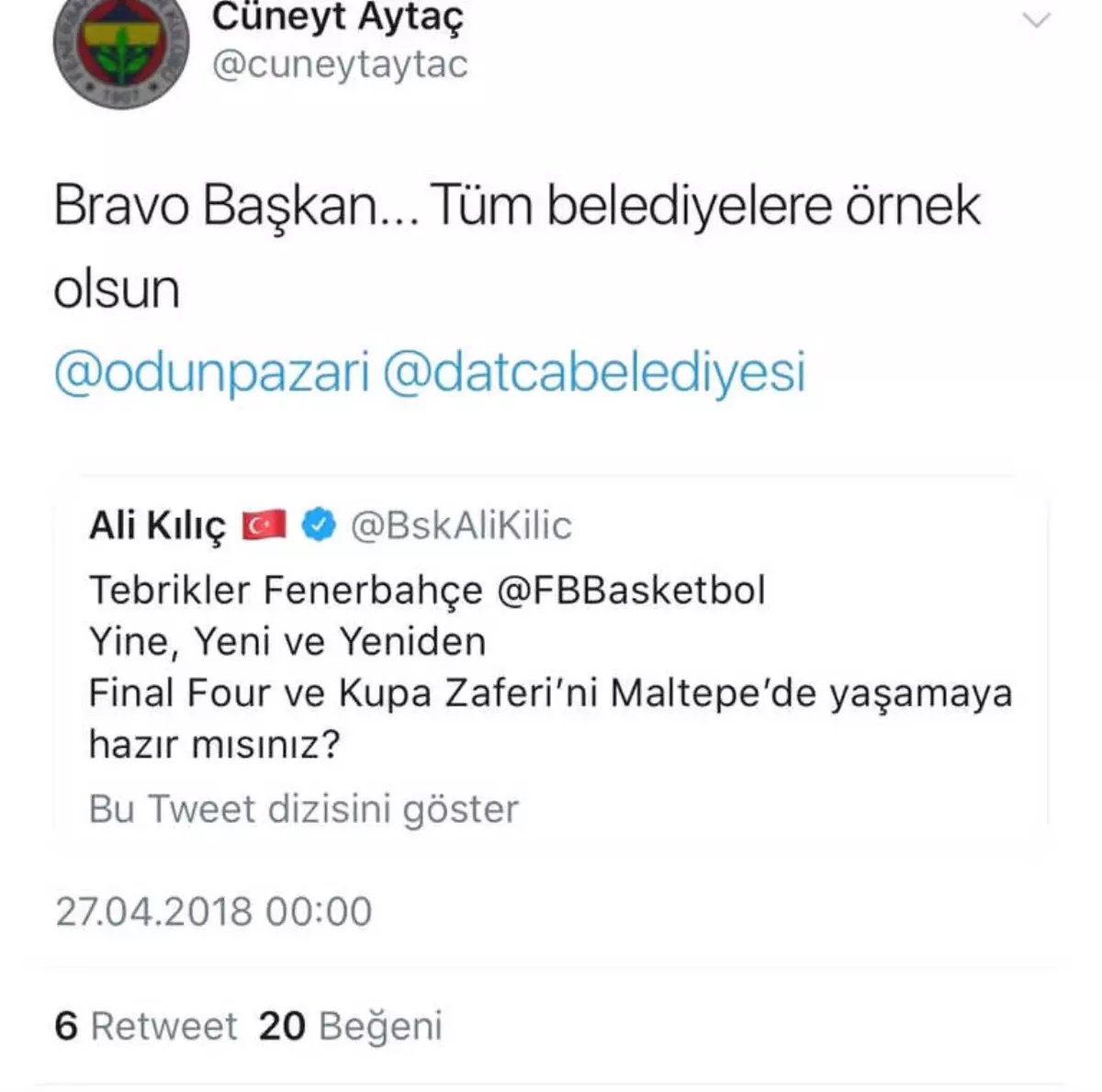 Final Four\'da Fenerbahçe Doğuş\'a İlk Destek Başkan Kılıç\'tan Geldi