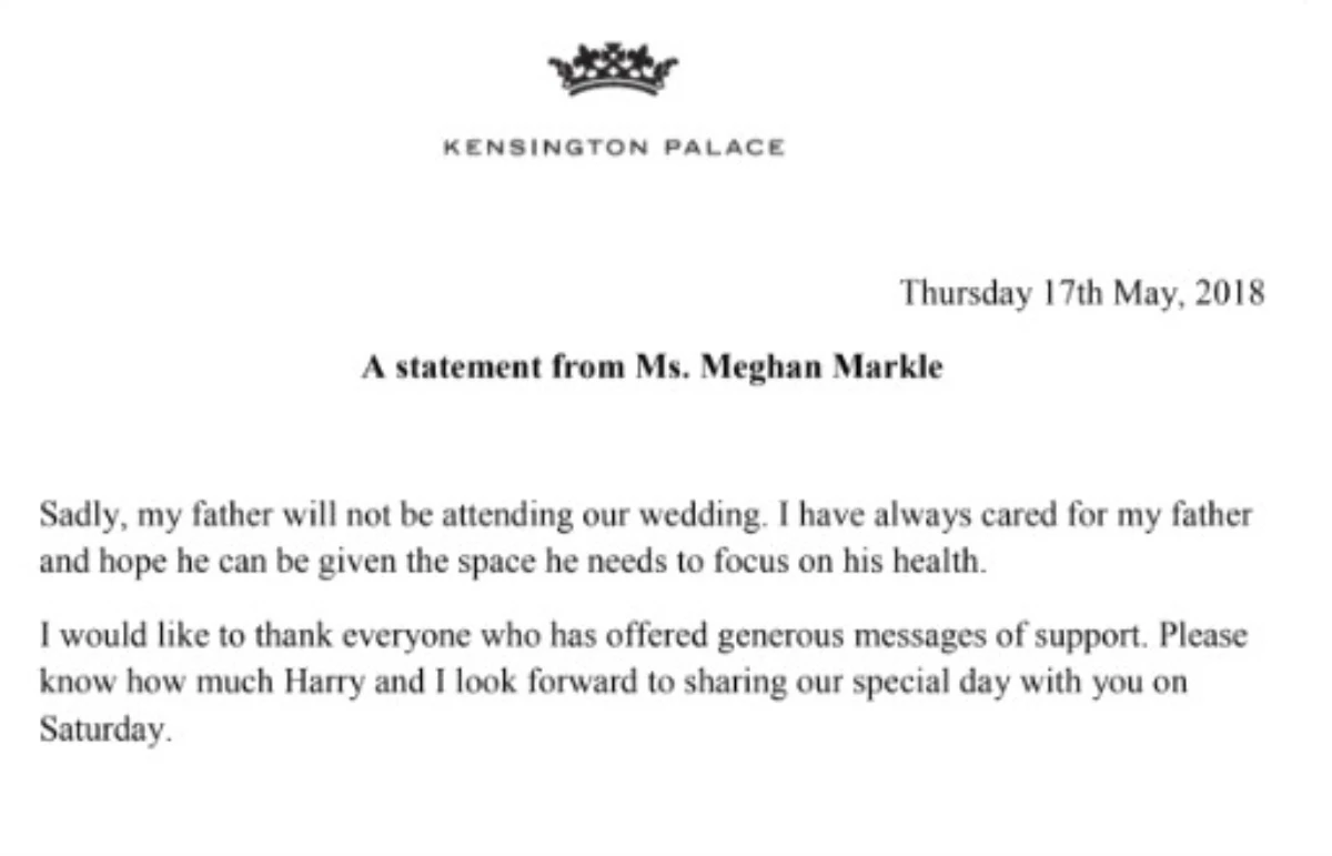 Kensington Sarayı Doğruladı: "Meghan Markle\'ın Babası Düğüne Katılmayacak"