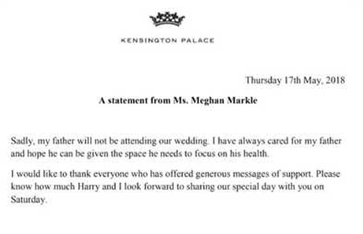 Kensington Sarayı Doğruladı: "Meghan Markle\'ın Babası Düğüne Katılmayacak"