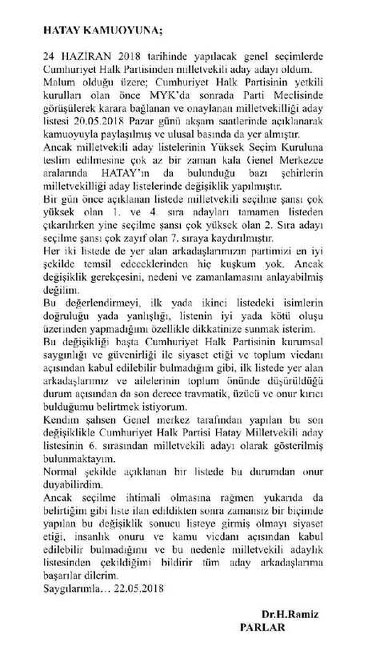 CHP\'li Parlar, Adaylıktan Çekildi
