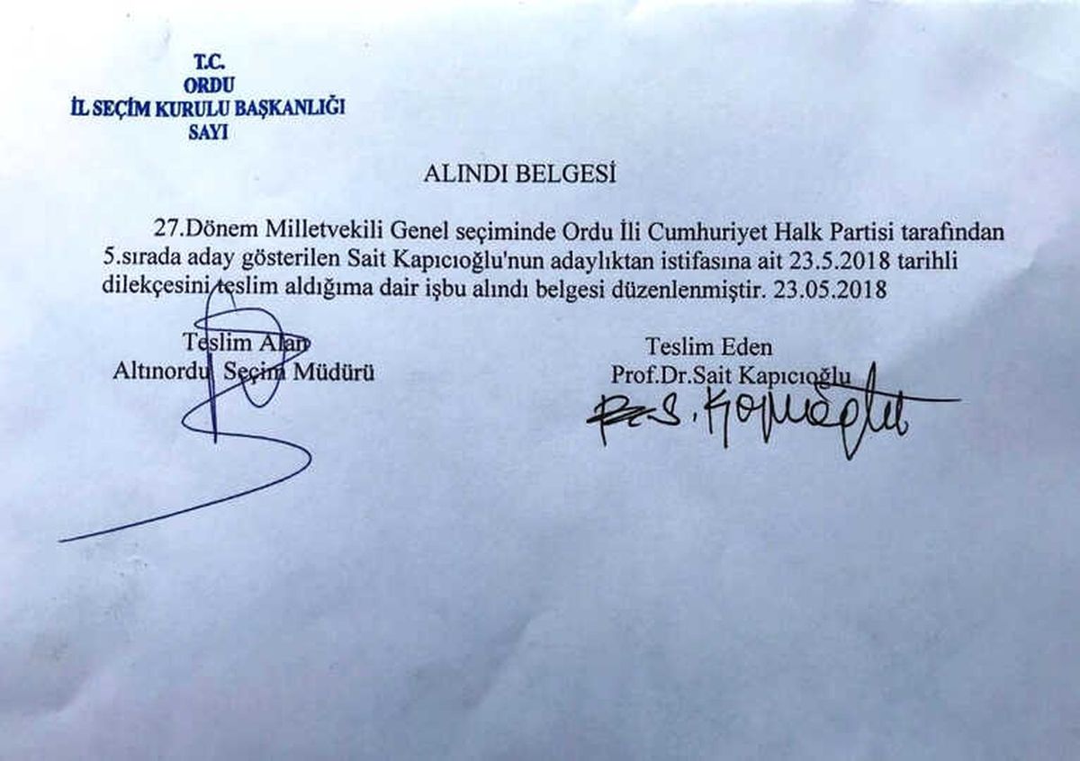 CHP Ordu Milletvekili Adayı, Adaylıktan Çekildi