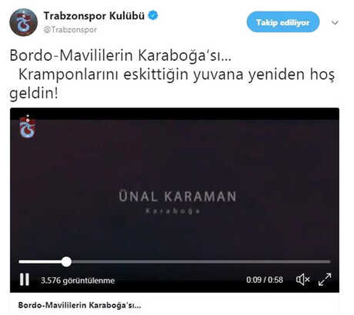 Trabzonspor\'dan Ünal Karaman\'a \'Yuvana Hoş Geldin\' Mesajı