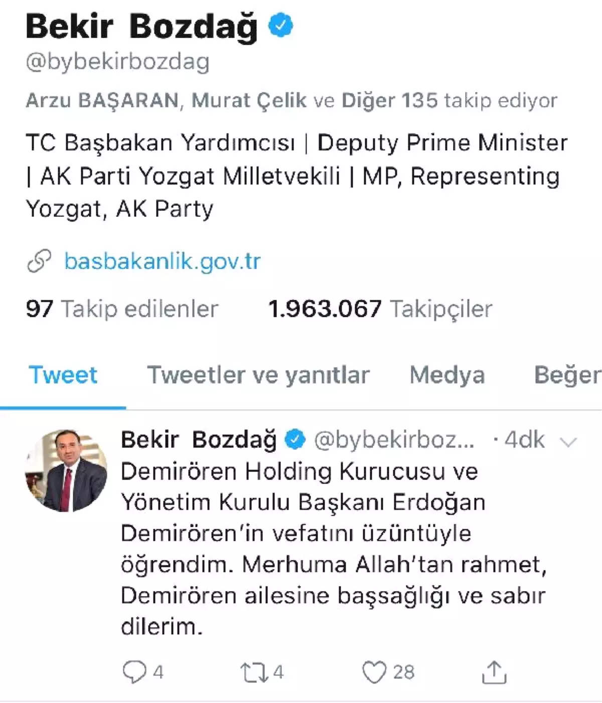 Başbakan Yardımcısı Bozdağ: Demirören Ailesine Başsağlığı ve Sabır Dilerim