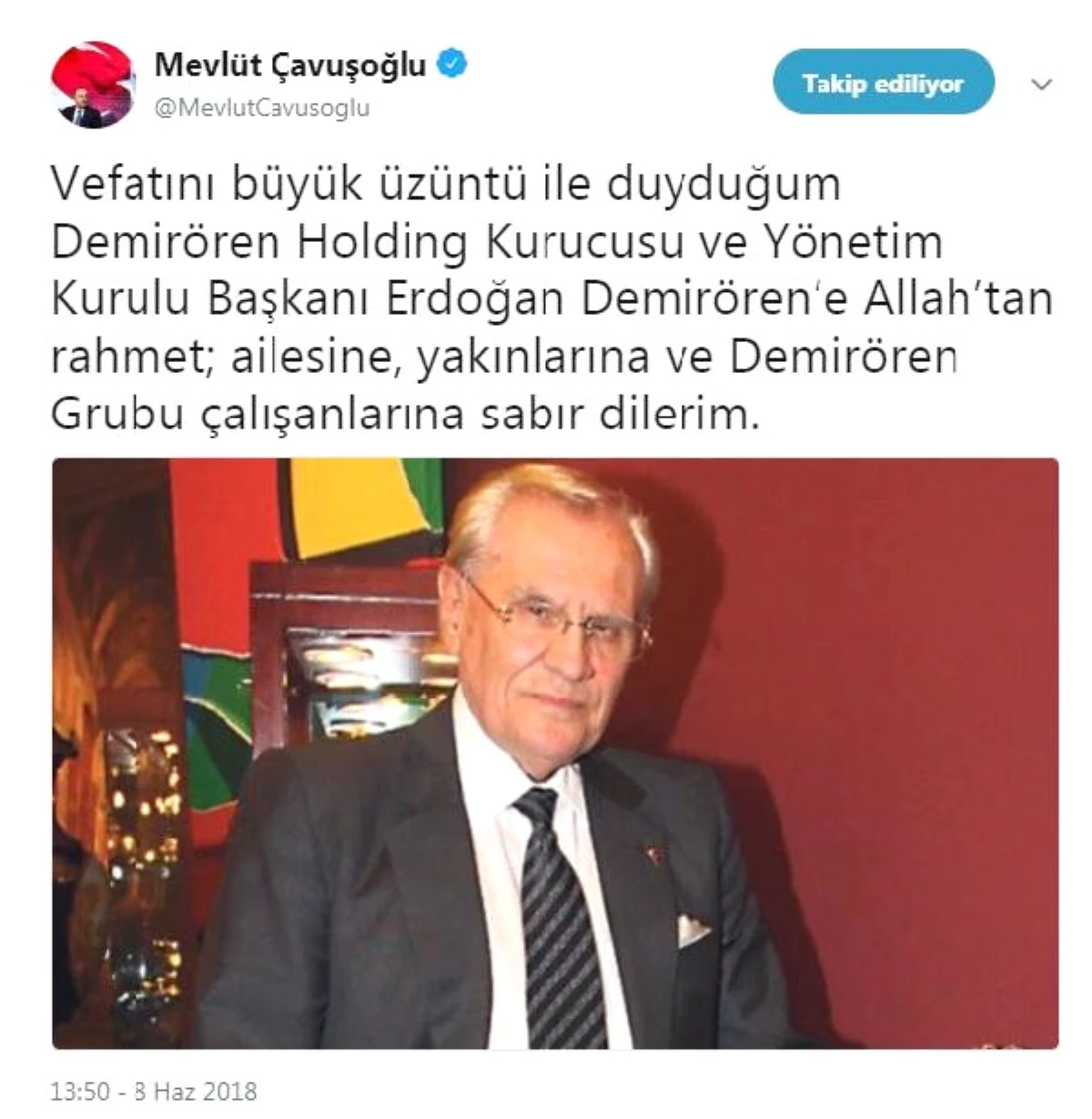 Dışişleri Bakanı Çavuşoğlu\'ndan Erdoğan Demirören İçin Başsağlığı Mesajı