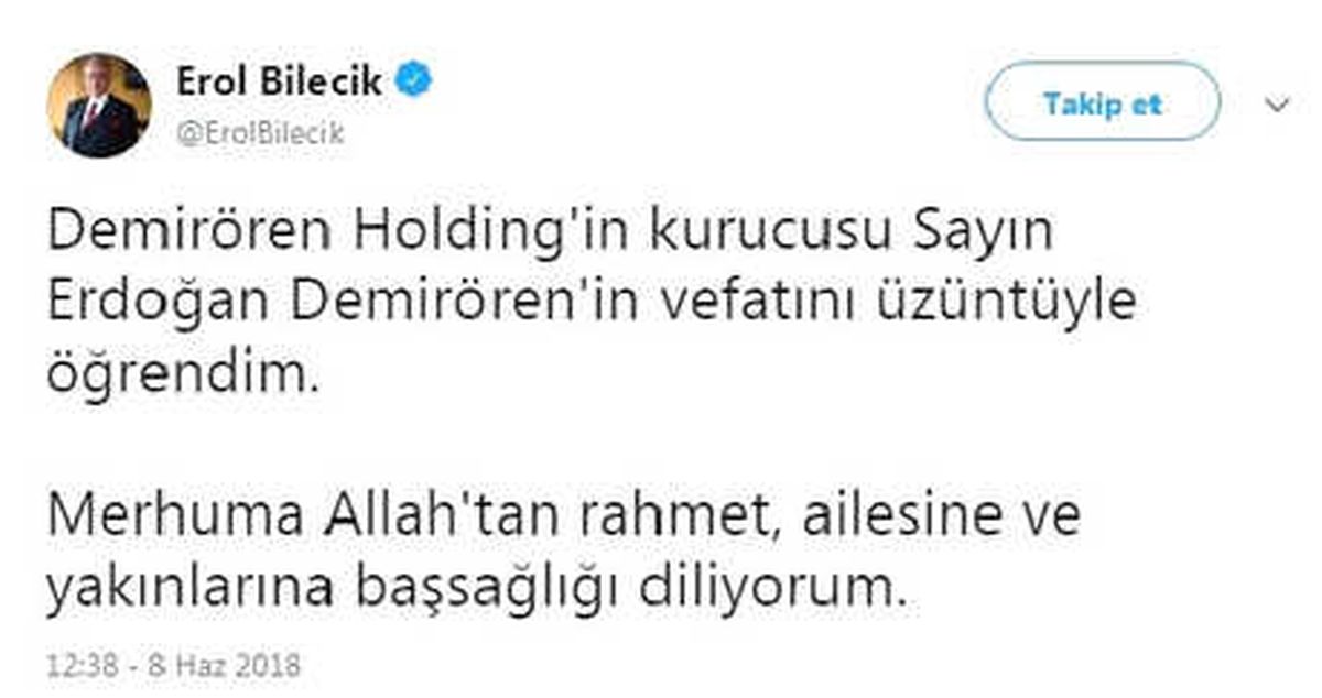 Tüsiad Başkanı Bilecik\'ten Erdoğan Demirören İçin Başsağlığı Mesajı
