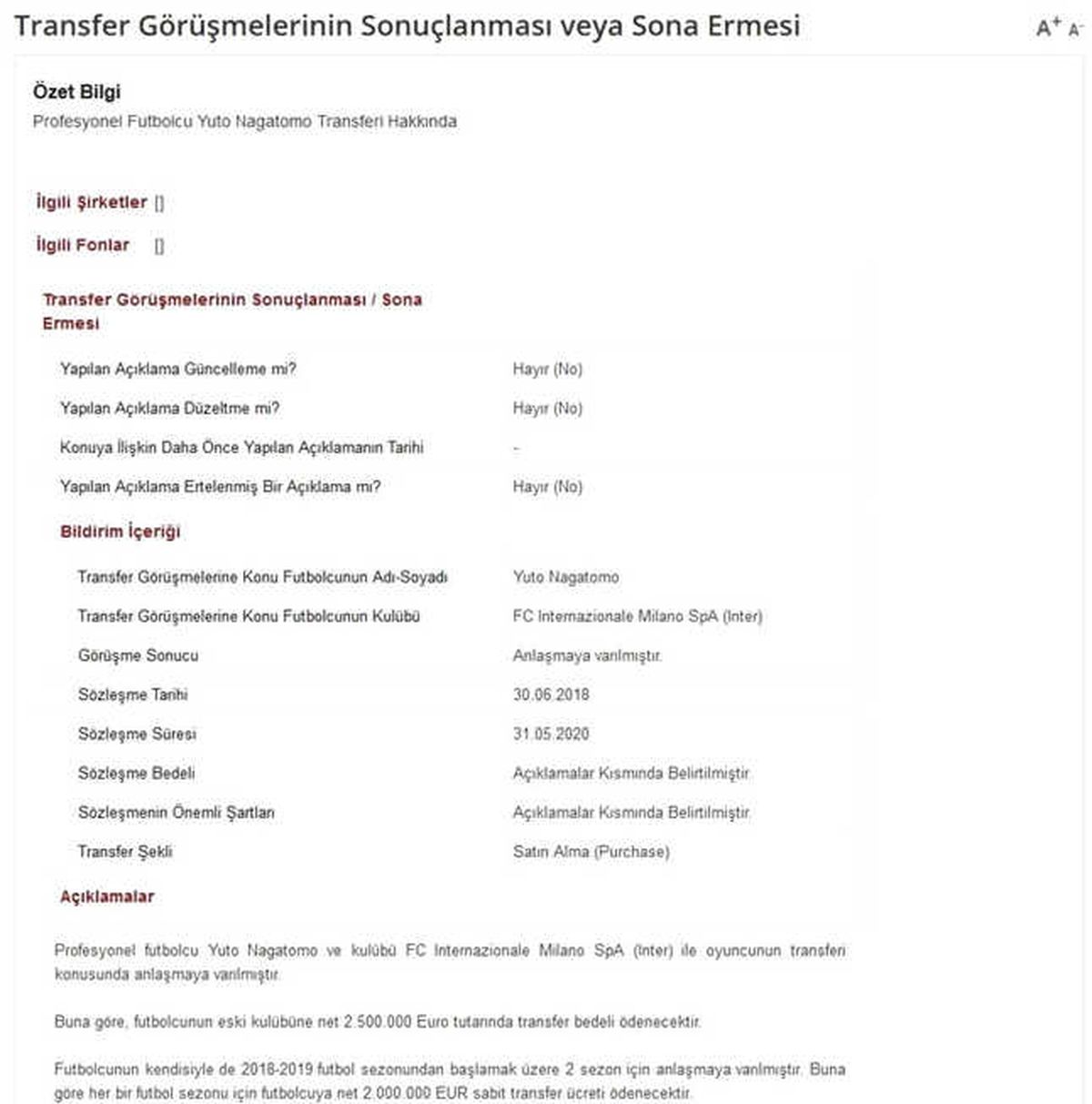 Galatasaray Nagatomo\'yu Kap\'a Bildirdi