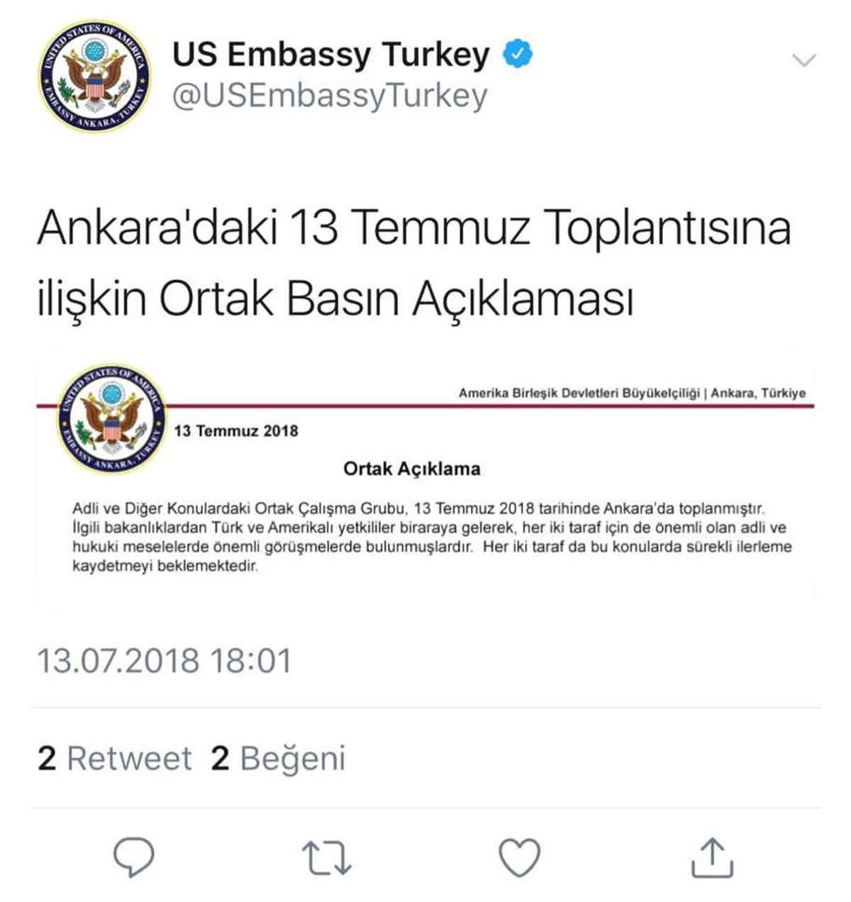ABD Büyükelçiliği: "Türk ve Amerikalı Yetkililer Adli ve Hukuki Meselelerde Önemli Görüşmelerde...