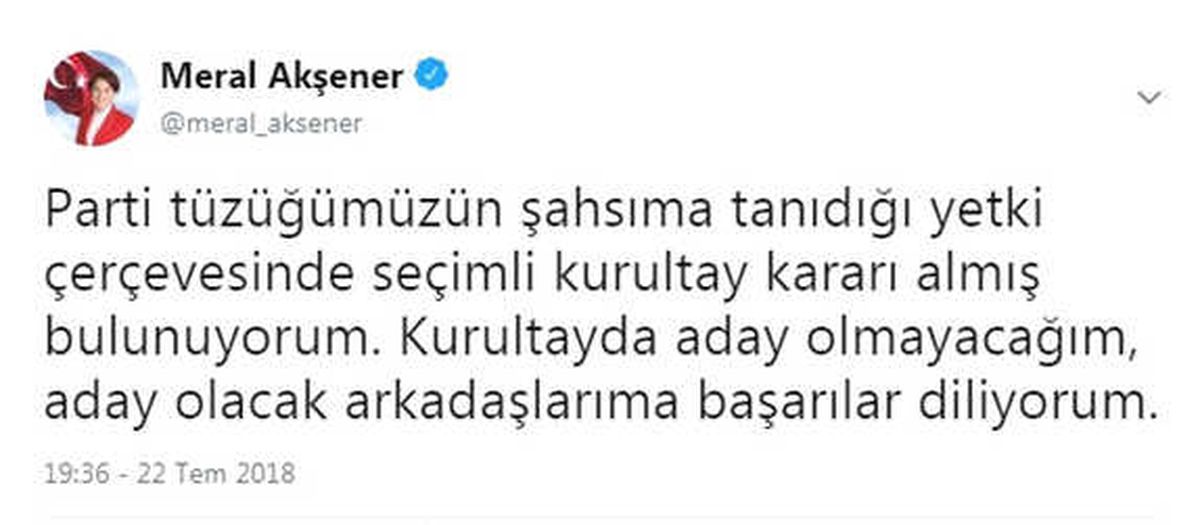İyi Parti Genel Başkanı Akşener: "Kurultayda Aday Olmayacağım"