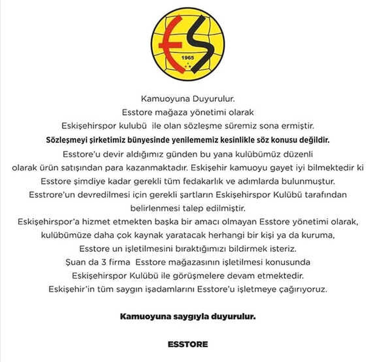 Esstore ile Eskişehirspor\'un Sözleşmesi Sona Erdi