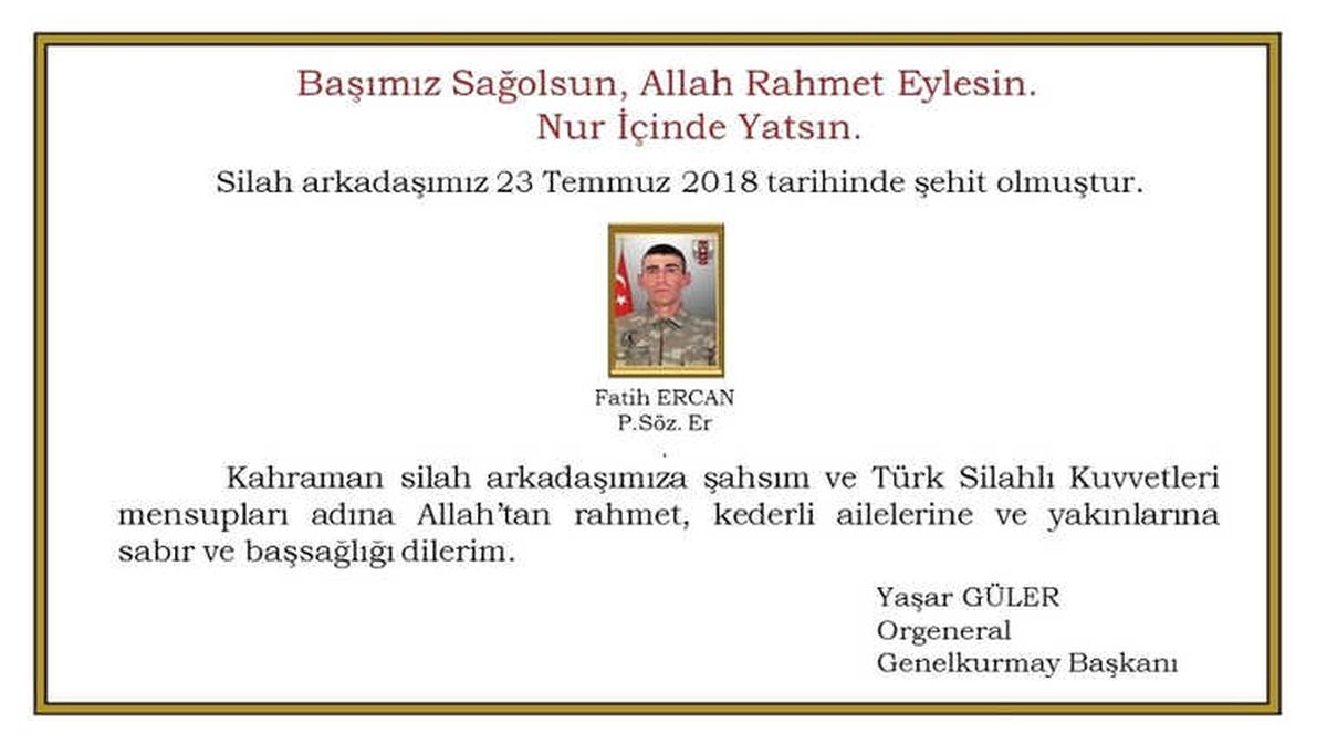 Genelkurmay Başkanı Orgeneral Güler\'den Şehit İçin Başsağlığı Mesajı