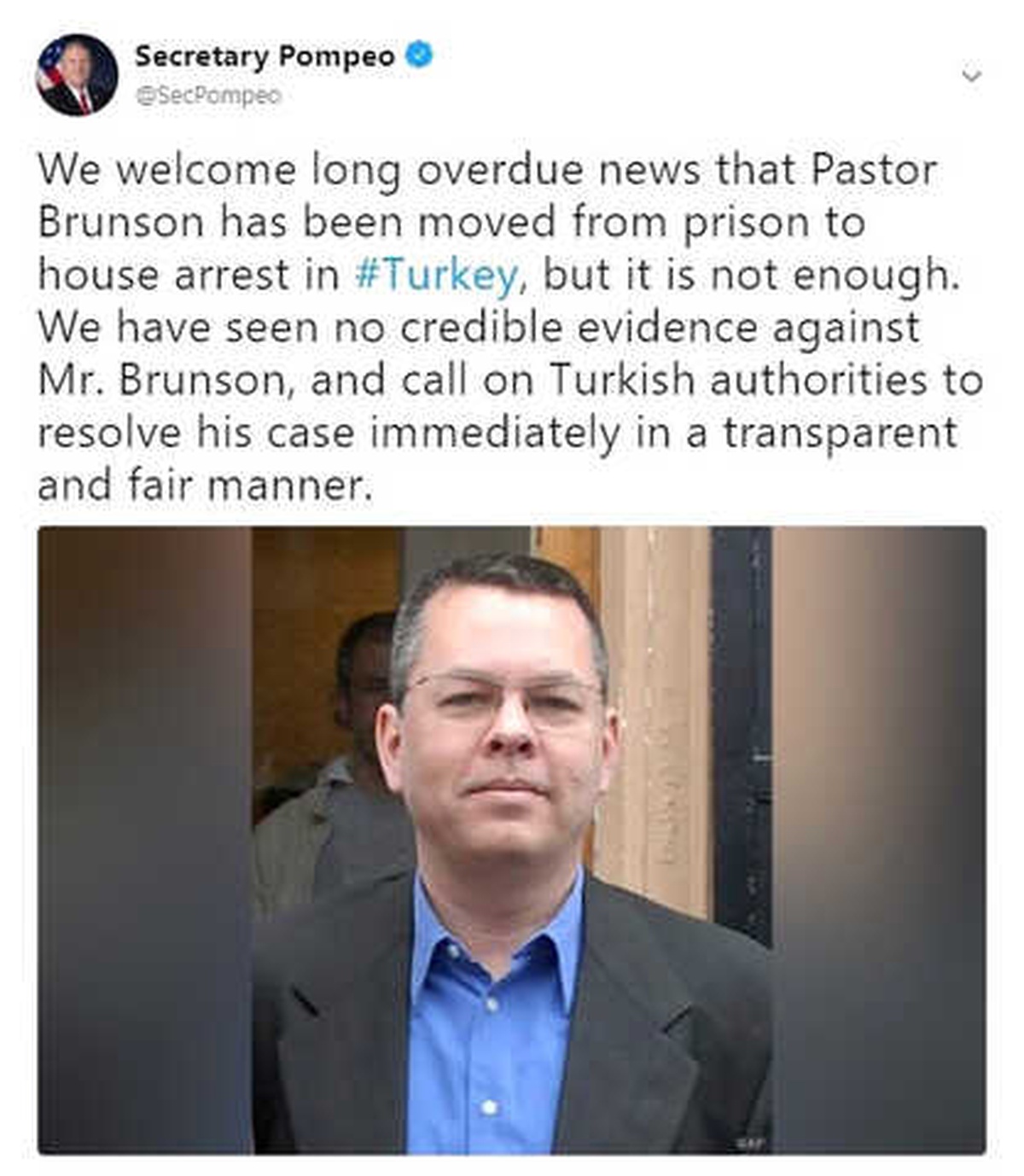 ABD\'den Papaz Brunson Açıklaması: "Memnuniyetle Karşılıyoruz"