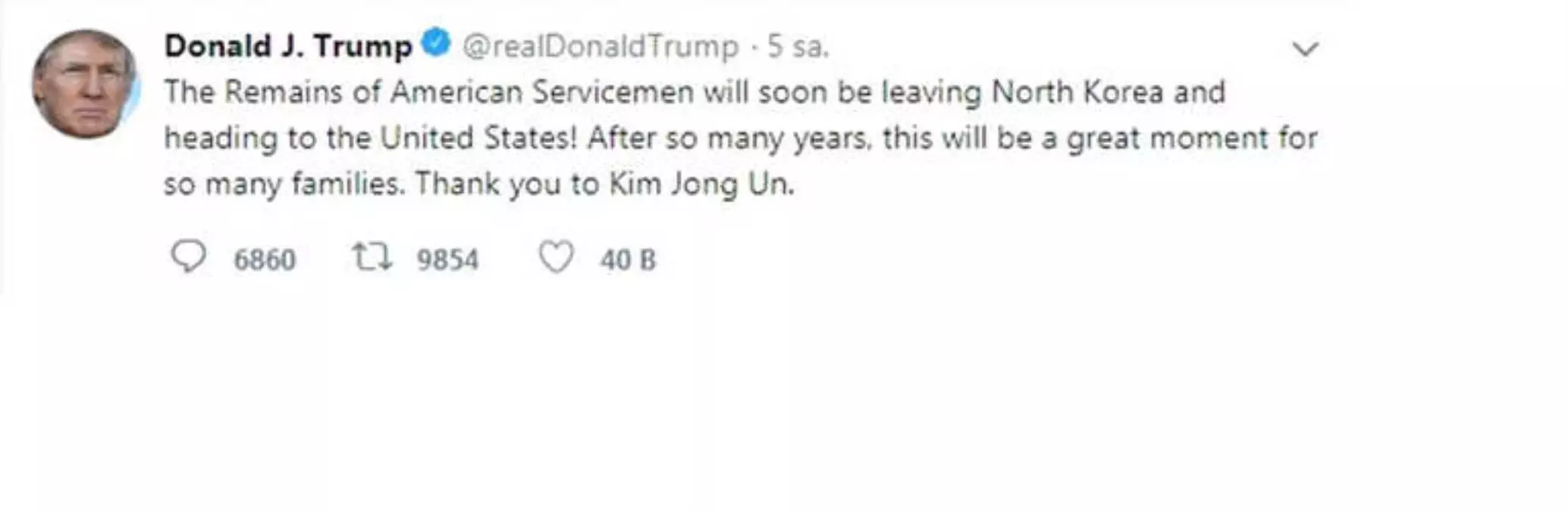 Trump Kim\'e Teşekkür Etti