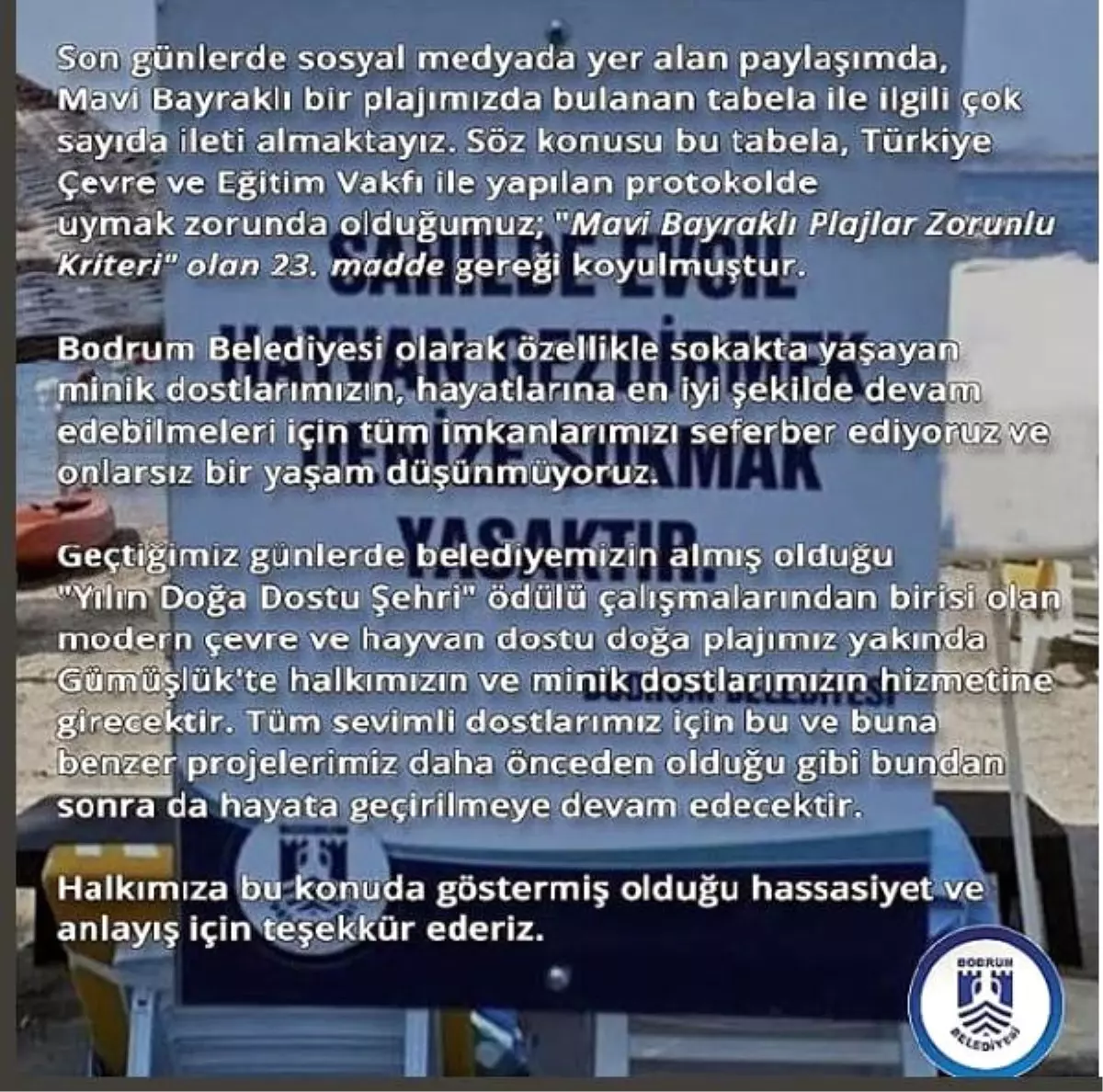 Bodrum Belediyesi\'nden Bergüzar Korel ve Hayvanseverlere Tabela Yanıtı