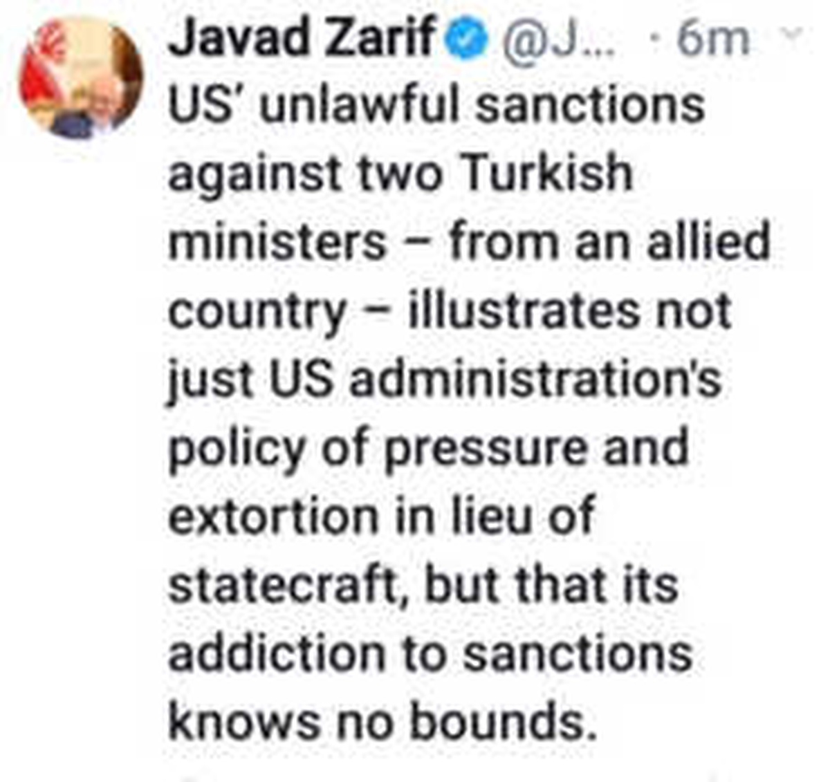 İran İslam Cumhuriyeti Dışişleri Bakanı Mohammad Cavad Zarif, Twitter Hesabından ABD\'nin Türkiye\'ye...