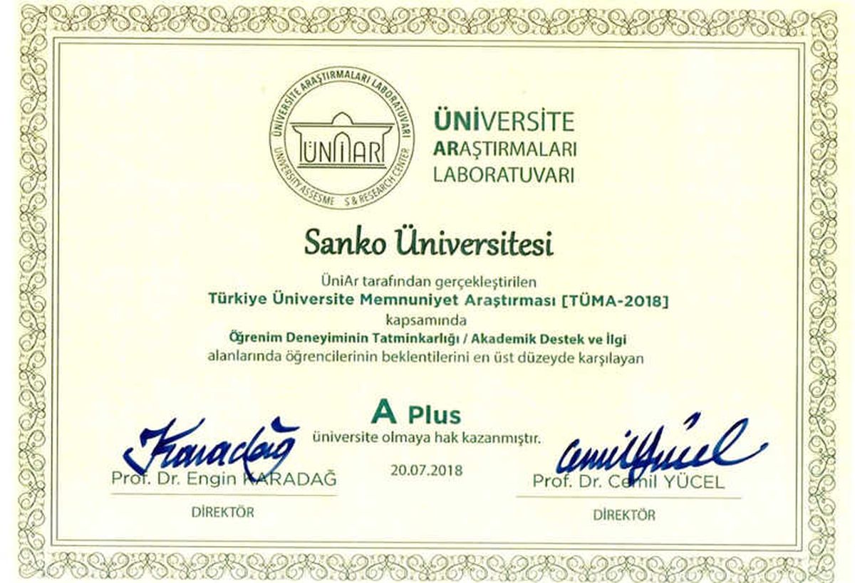 Sanko Üniversitesi, "A Plus Üniversite" Oldu