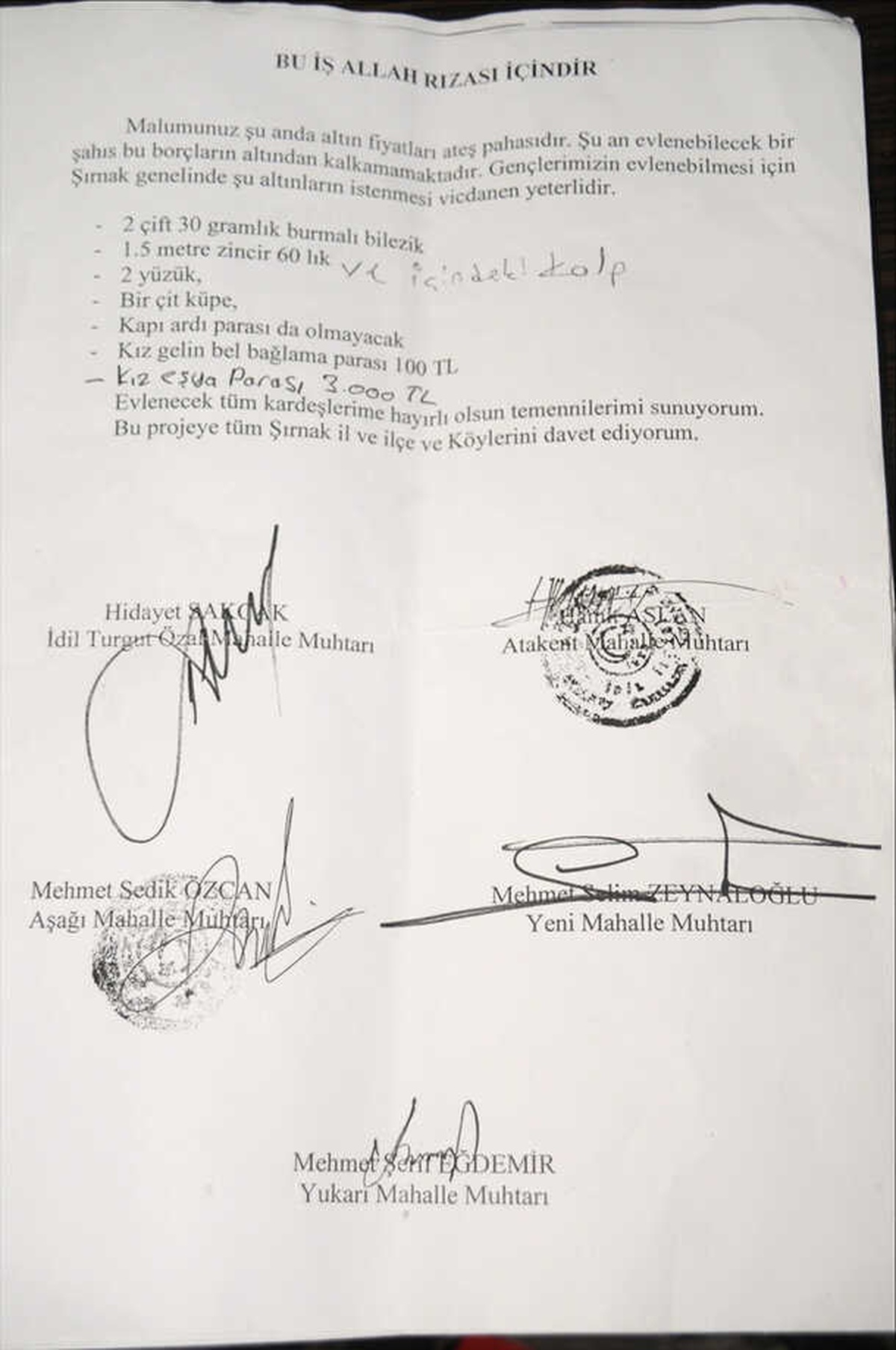 Şırnaklı Muhtarlardan Düğün Takıları İçin Düzenleme