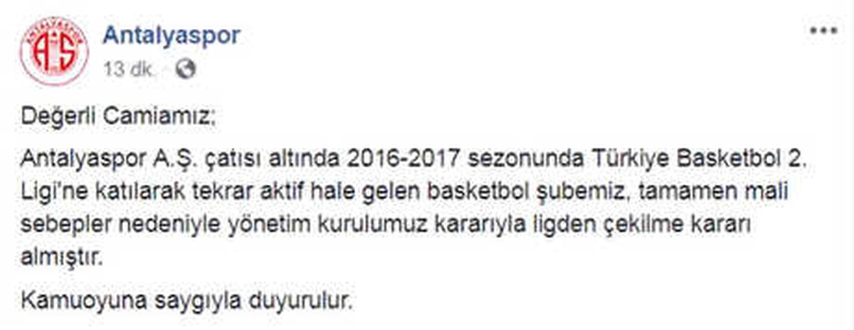 Antalyaspor, Basketbol Liginden Çekildi