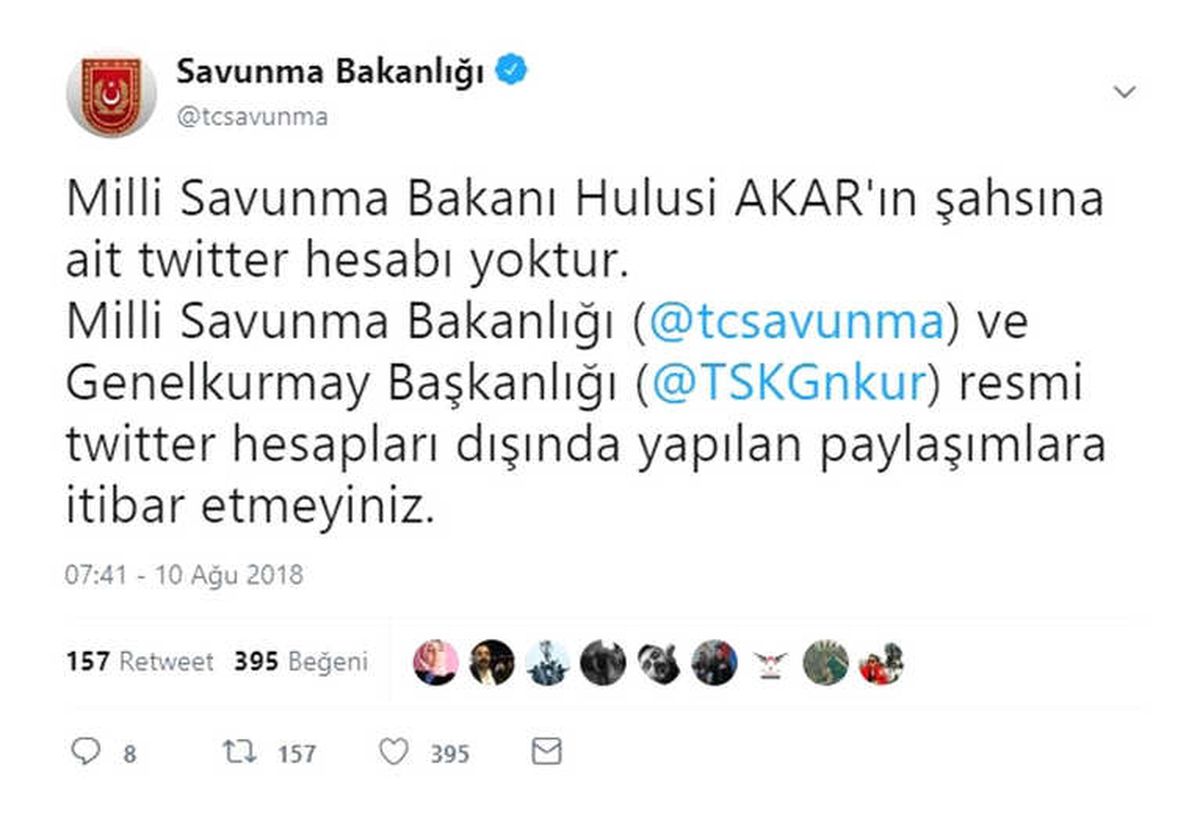 Milli Savunma Bakanı Hulusi Akar\'ın Şahsına Ait Twitter Hesabı Yoktur"
