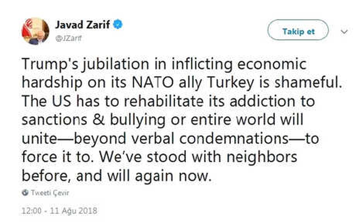 İran Dışişleri Bakanı Zarif: Türkiye\'nin Yanındayız