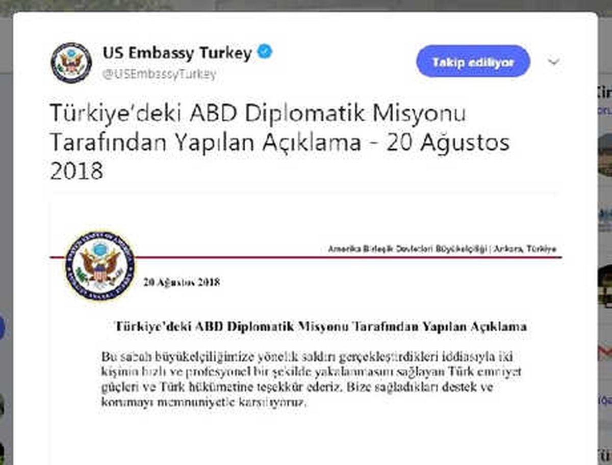 ABD Büyükelçiliği: Türk Emniyeti ve Hükumetine Teşekkür Ederiz