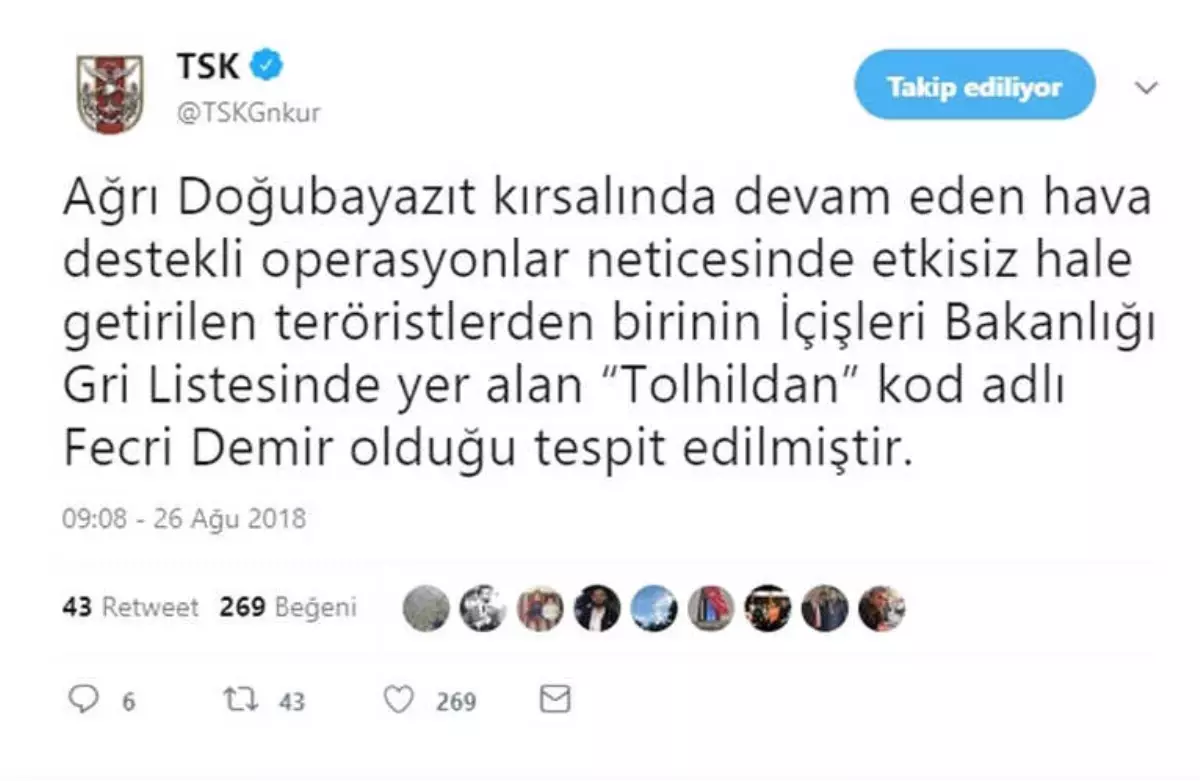 Tsk: "Gri Listede Yer Alan Terörist Öldürüldü"