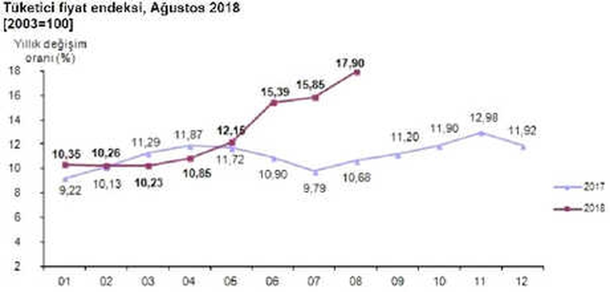 Tüketici Fiyatları Ağustos\'ta Yüzde 2.30 Arttı; Yıllık Enflasyon Yüzde 17.90