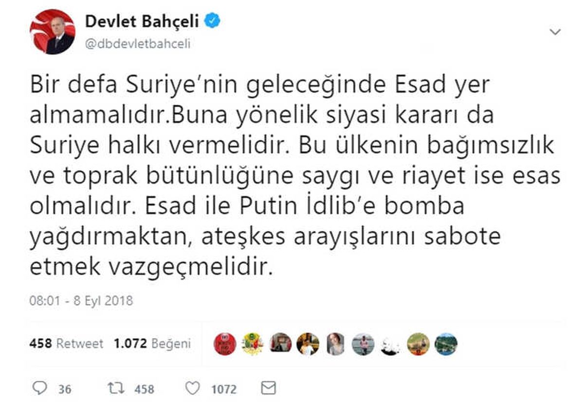 Bahçeli: "Suriye\'nin Geleceğinde Esad Yer Almamalıdır"