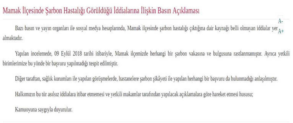 Ankara Valiliği: Mamak\'ta Şarbon Bulgusu Yoktur