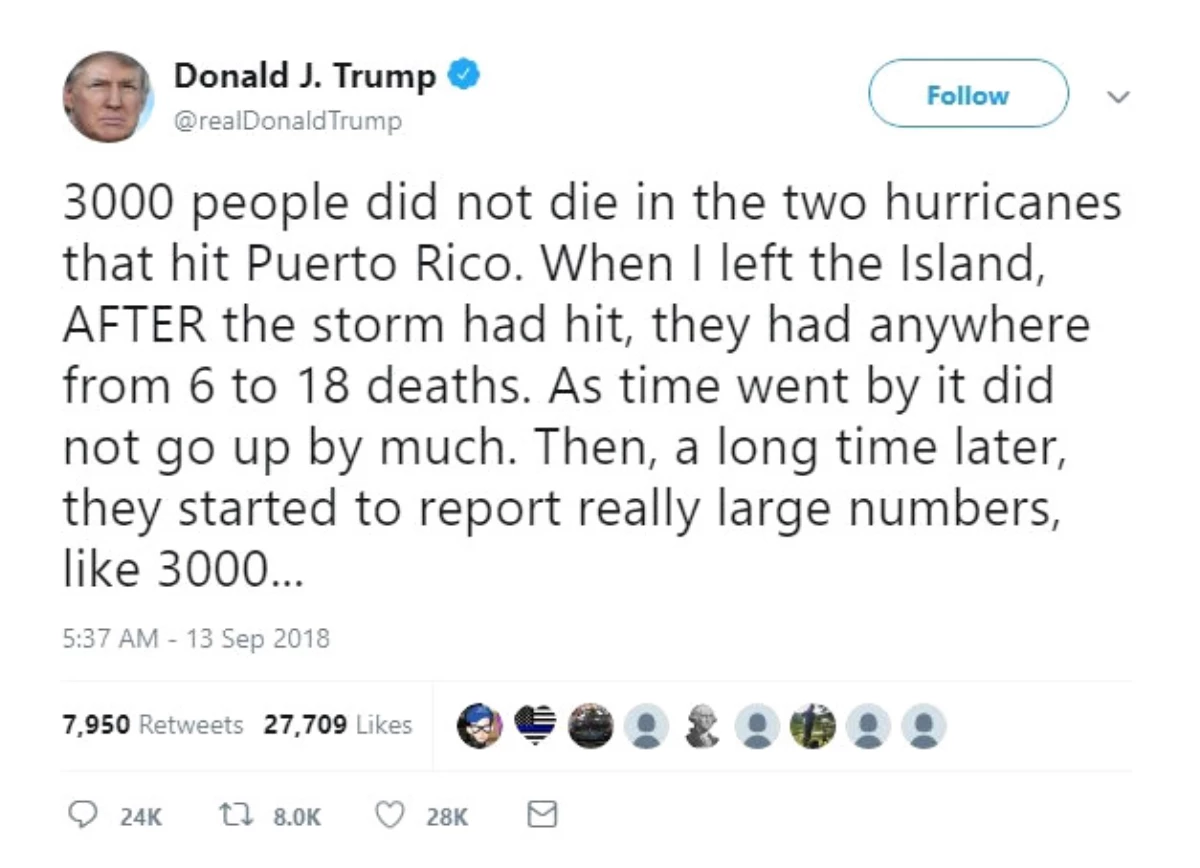 Trump: "Porto Rico\'da 3 Bin Kişi Ölmedi"
