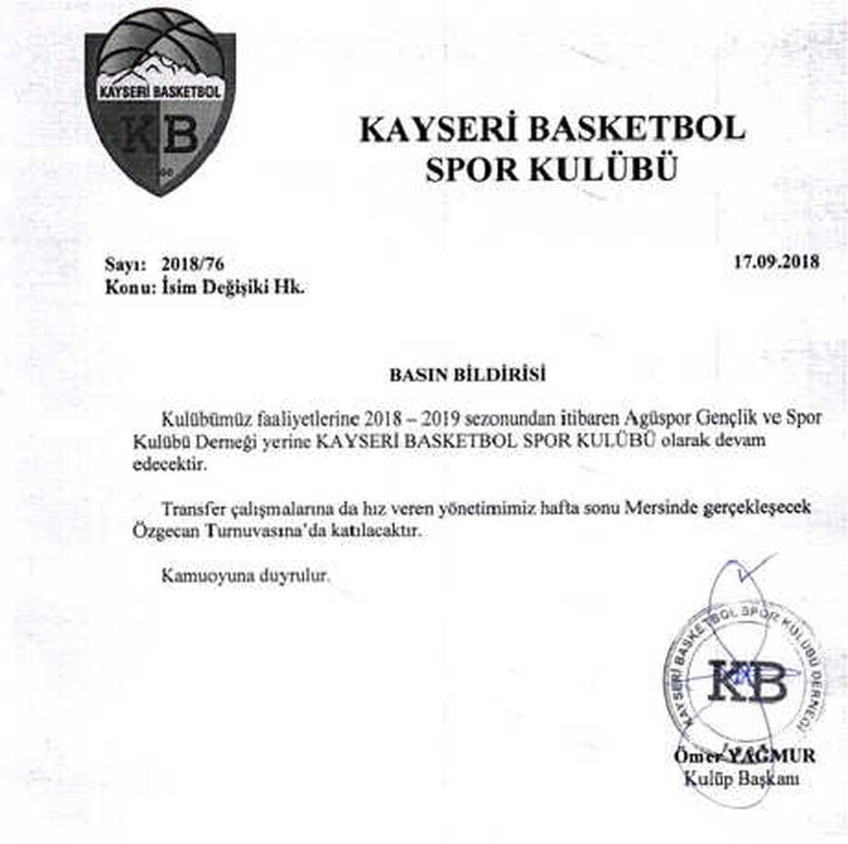 Agü Spor, Kayseri Basketbol Spor Kulübü Adını Aldı
