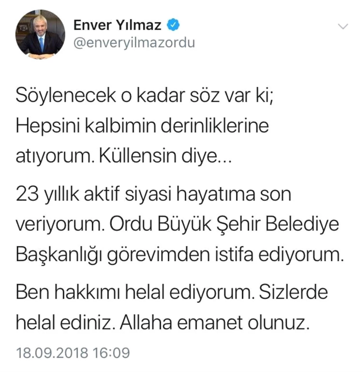 Ordu Büyükşehir Belediye Başkanı Enver Yılmaz İstifa Etti