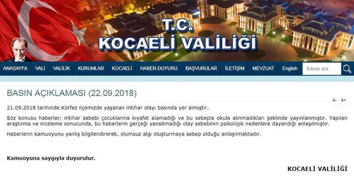 Kocaeli Valiliği\'nden Körfez\'deki İntiharla İlgili Açıklama