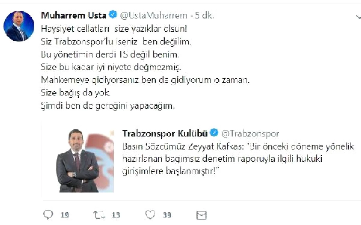 Muharrem Usta, Trabzonspor Yönetimine Rest Çekti