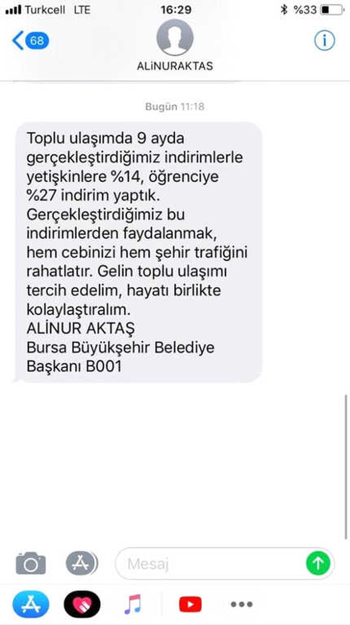 Bursa Büyükşehir Belediye Başkanı Aktaş\'tan Vatandaşlara Sms\'li Çağrı
