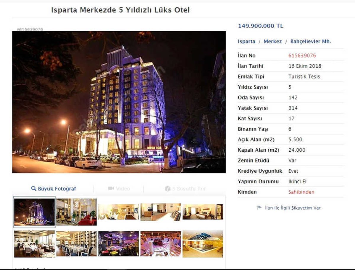 Isparta\'nın Tek 5 Yıldızlı Oteli İnternet Üzerinden Satışa Çıkarıldı