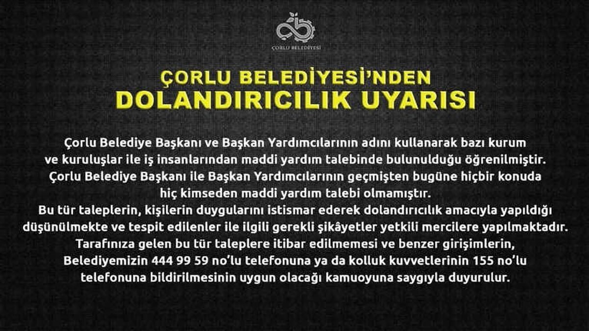 Çorlu Belediyesinden Dolandırıcılık Uyarısı