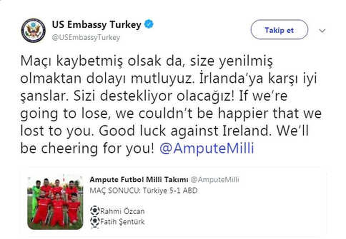 ABD Türkiye Büyükelçiliği\'nden Ampute Futbol Milli Takımı\'na Destek