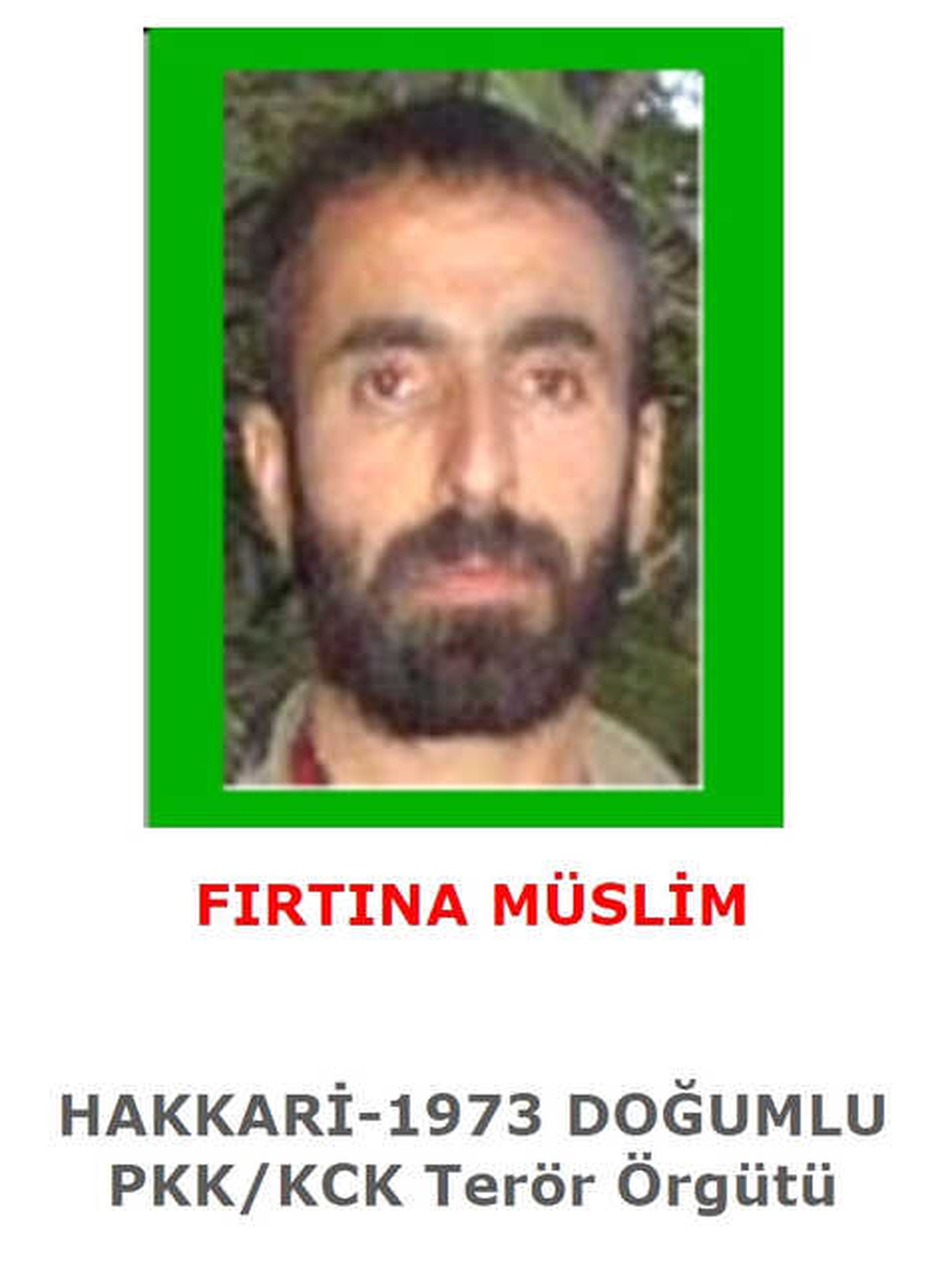 İçişleri Bakanlığı, 1 Milyon TL Ödülle "Yeşil Kategori"De Yer Alan Rızgar Gever Kod Adlı Müslim...