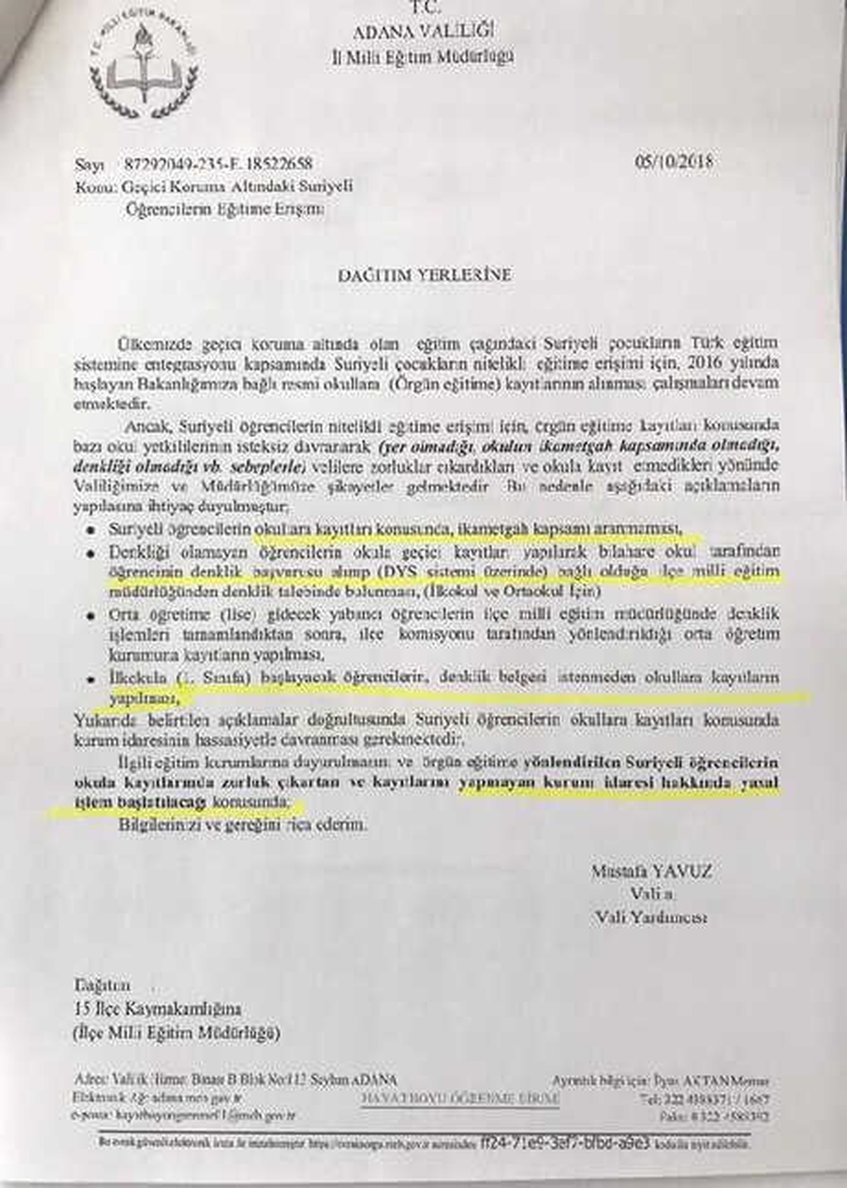 Adana Valiliği\'nden \'Suriyeli Öğrenci\' Talimatı