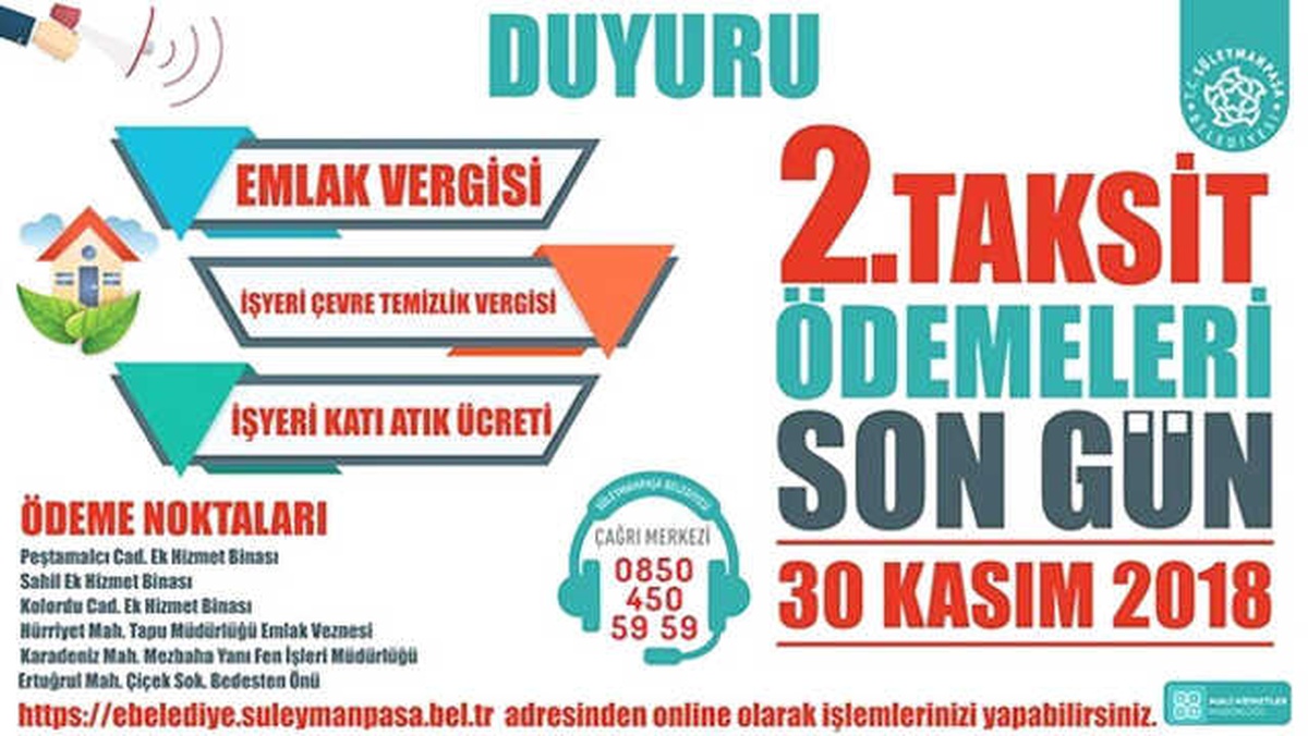 Emlak ve Çevre Temizlik Vergisi 2. Taksitinde Son Ödeme Tarihi 30 Kasım