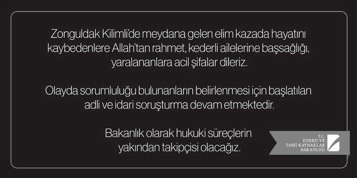 Enerji ve Tabii Kaynaklar Bakanlığı\'ndan Maden Kazası Açıklaması