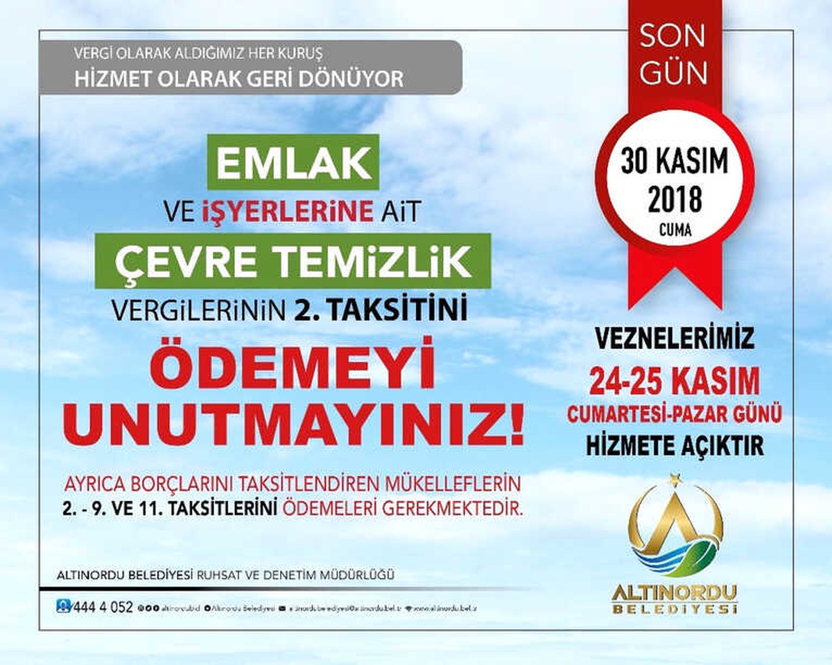 Altınordu\'da Vezneler Hafta Sonu Açık Olacak