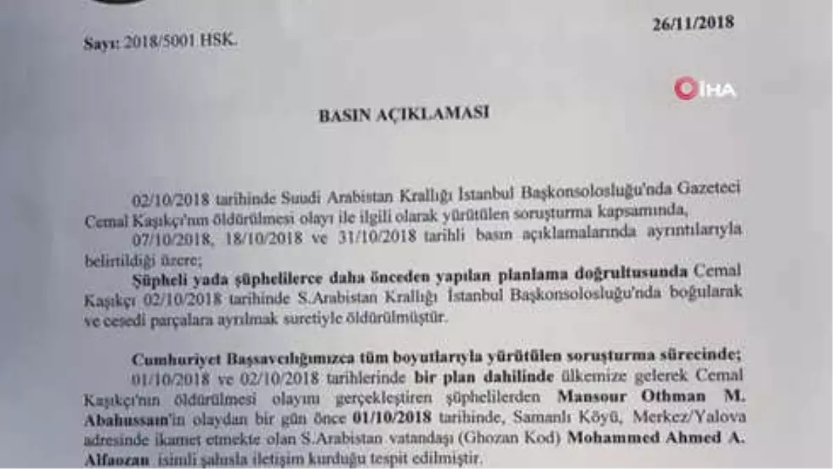 İstanbul Cumhuriyet Başsavcılığı\'ndan Cemal Kaşıkçı Açıklaması